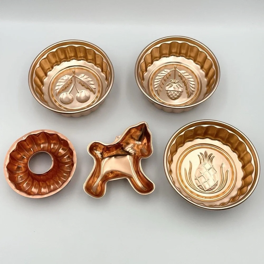 Vintage Copper Mini Baking‎ Mold Lot Pineapple Cherry Acorn Dog Bundt 5 Pc
